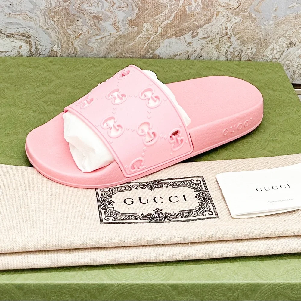 New! Gucci Rubber GG Monogram Perforated Womens Slide Sandals - Picture 3 of 9